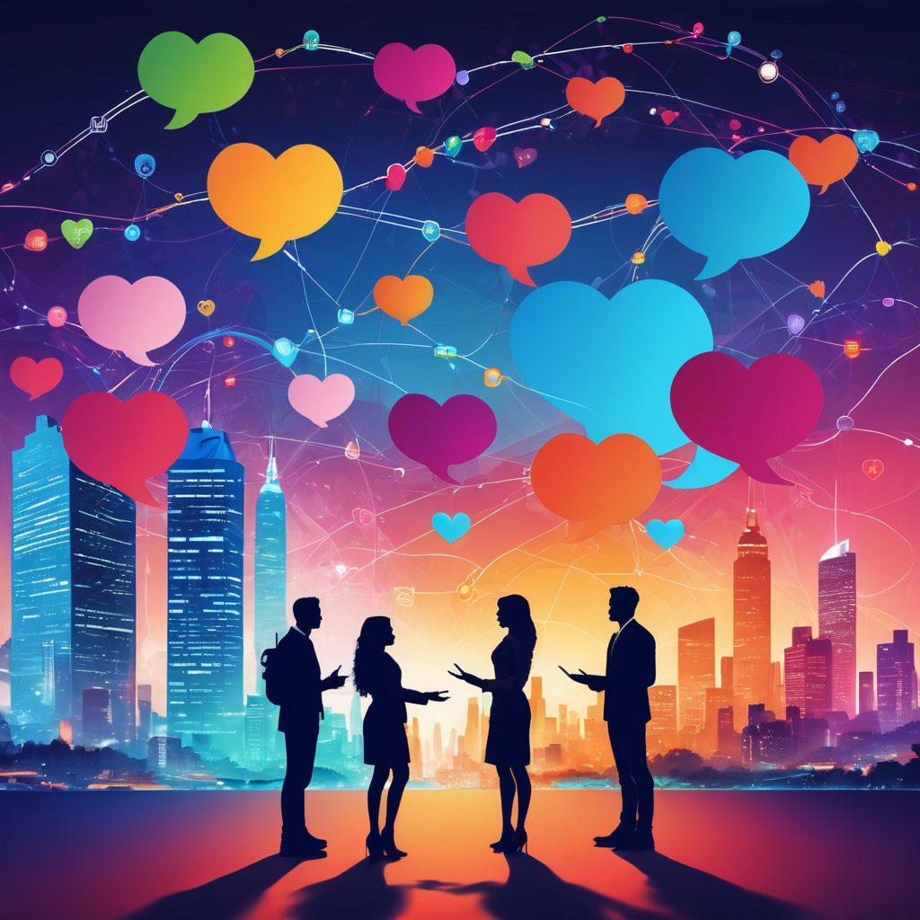 A warm and inviting digital landscape depicting diverse individuals collaborating and engaging with each other through technology, symbolizing friendships turning into partnerships. Include icons of communication like chat bubbles, hearts, and linked hands weaving through a vibrant network. The background should feature a futuristic city skyline to represent the digital age. colorful, modern, and slightly abstract.