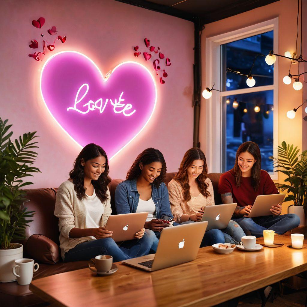 A vibrant and cozy scene depicting a diverse group of couples engaging in online dating through their laptops and smartphones, with glowing hearts and love symbols hovering around them. Include a backdrop of a warm coffee shop, showcasing a welcoming atmosphere filled with plants and soft lighting. Super-realistic. Bright colors. Cozy ambiance.