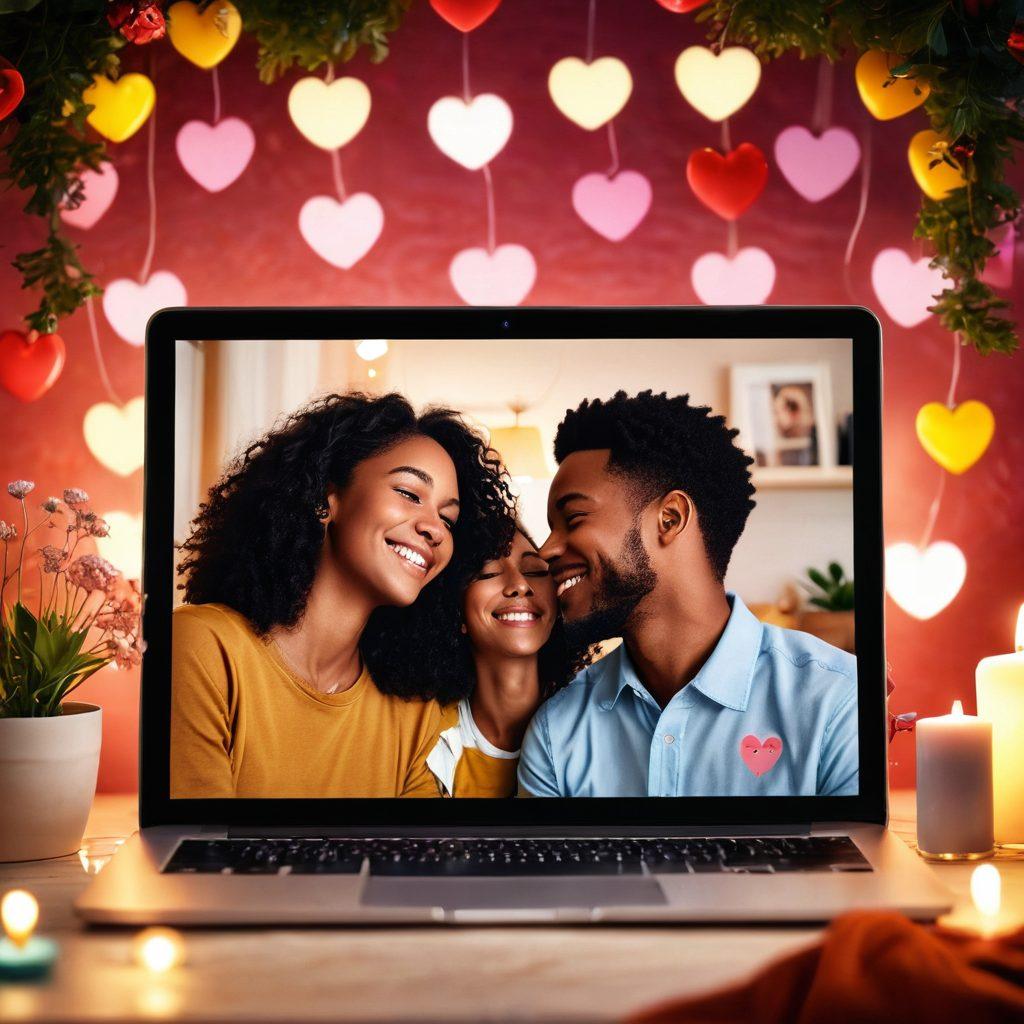 An intimate scene depicting a diverse couple sharing a joyful moment on a video call, with hearts and emojis floating around them. The background features a cozy, warmly-lit room with romantic decorations like candles and flowers. Include digital elements such as chat bubbles and match icons to emphasize online matchmaking. The overall atmosphere should be warm and inviting, capturing the essence of romance in a digital age. super-realistic. vibrant colors. soft focus.